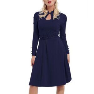 Voodoo Vixen Dita Navy Swing Keyhole Midi Long Sleeve Dress Sz L